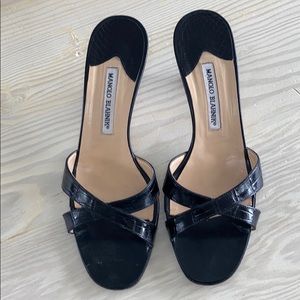 Manolo Blahnik Black Crocodile Callamu Slides
